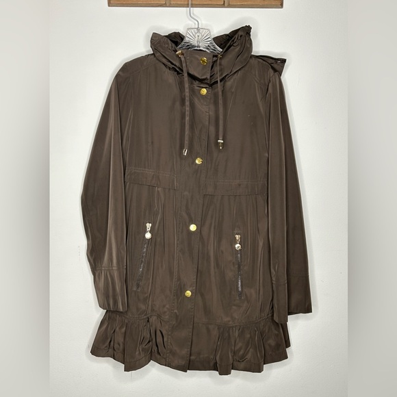 Betsey Johnson Brown Ruffle Edge Coat Size XS *missing hood button - Picture 3 of 16